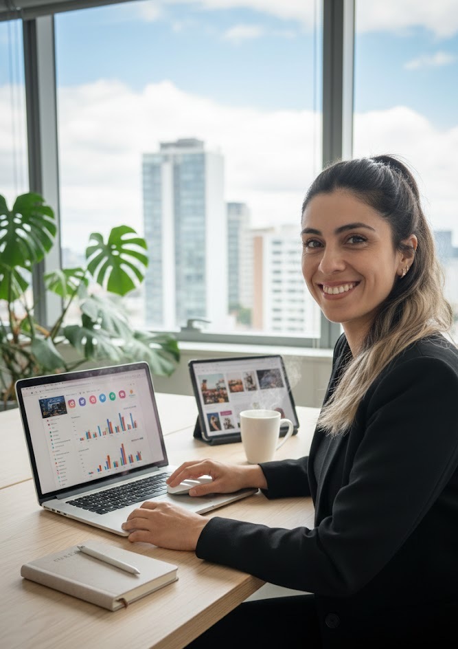 Taty trabajando con tecnología en su oficina de Mar del Plata